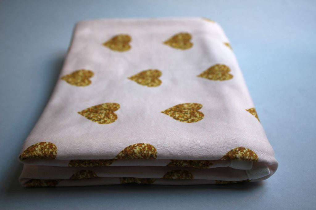 Organic Baby Swaddle Blanket - Pink and Gold Glitter Hearts - Little Dreamer Australia